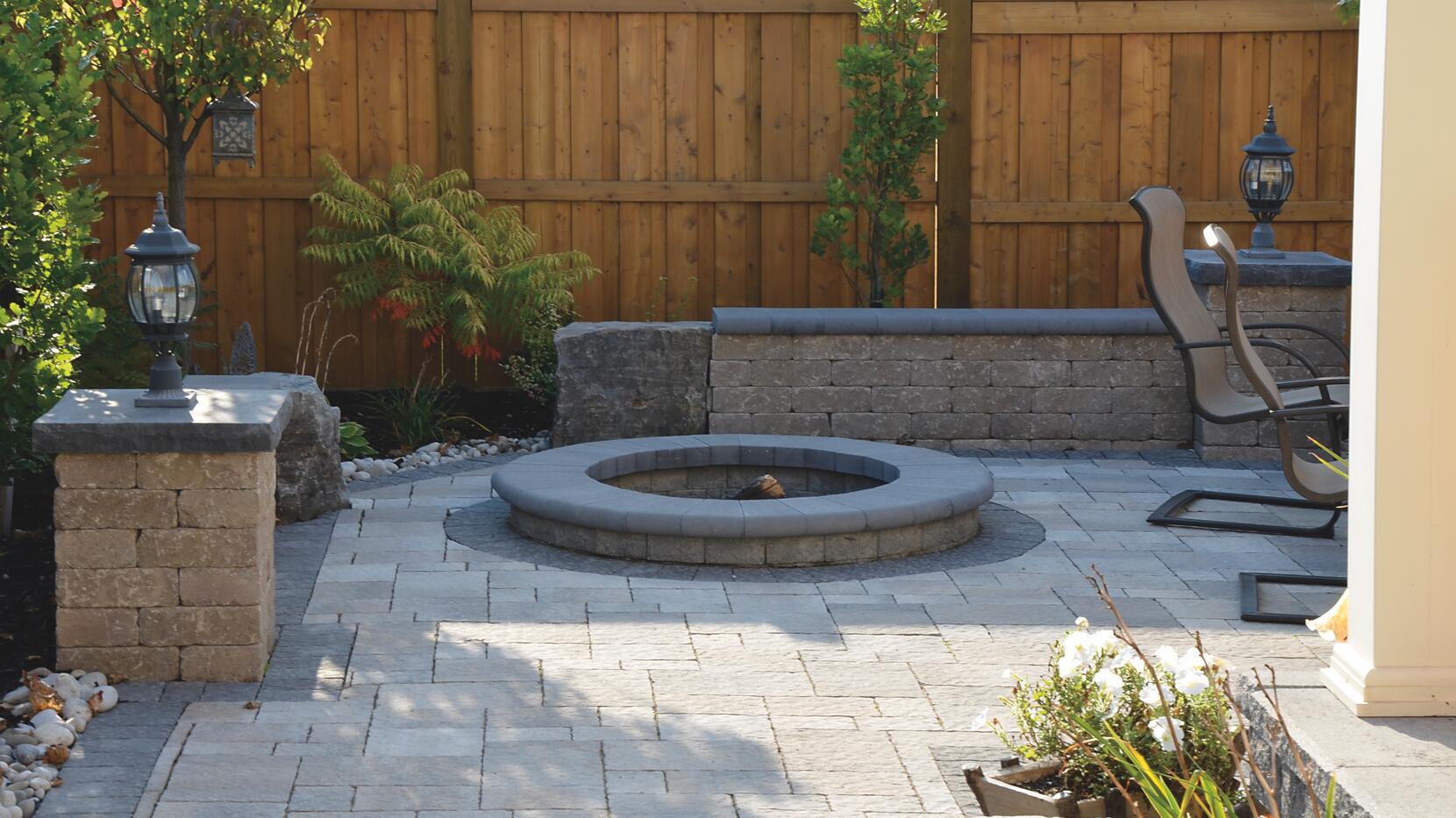 Wall and Pillars: Castlerok 2, Sandstone Firepit: Ortana, Greyfield with Cassina, Onyx